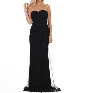 MayQueen - Black Embroidered Lace Strapless Gown & Shawl - Women